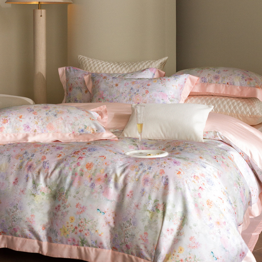 Satin bed set with floral watercolor border and satin edge