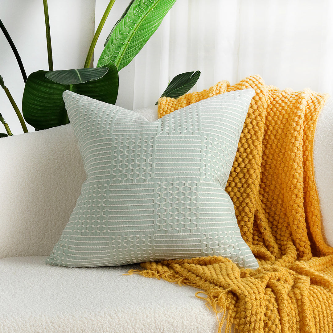 Stitched Geometric Cotton-Linen Square Throw Pillow Cover with Hidden Zipper