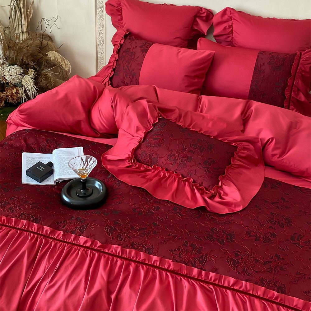 Luxurious satin bedding set with ruffles and lace appliqué