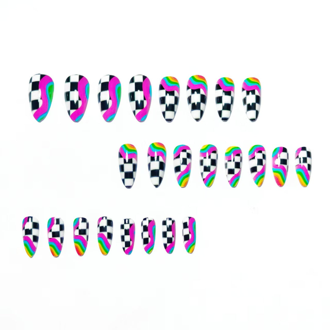 Creative artificial nails with colorful wave and checkerboard design Stornfield
