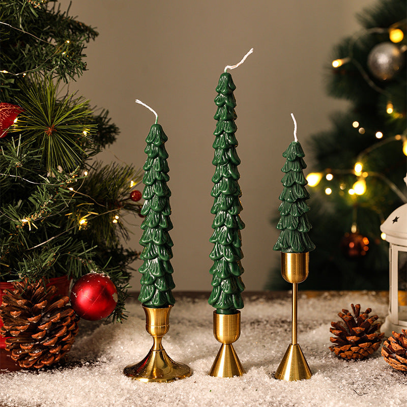 Festive Sculpted Pine Taper Candle Trio with Brass Holders