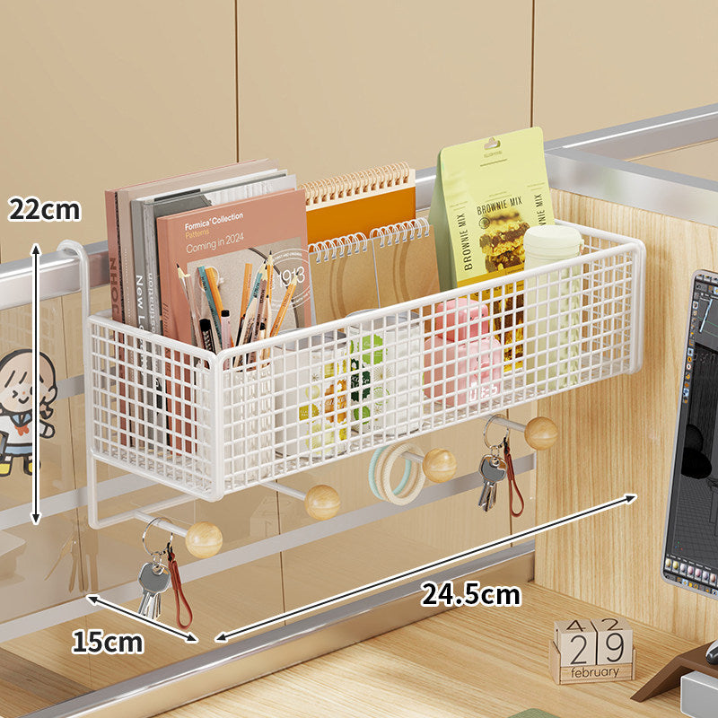 Desk Rail-Mounted Mesh Organizer Basket with Hooks