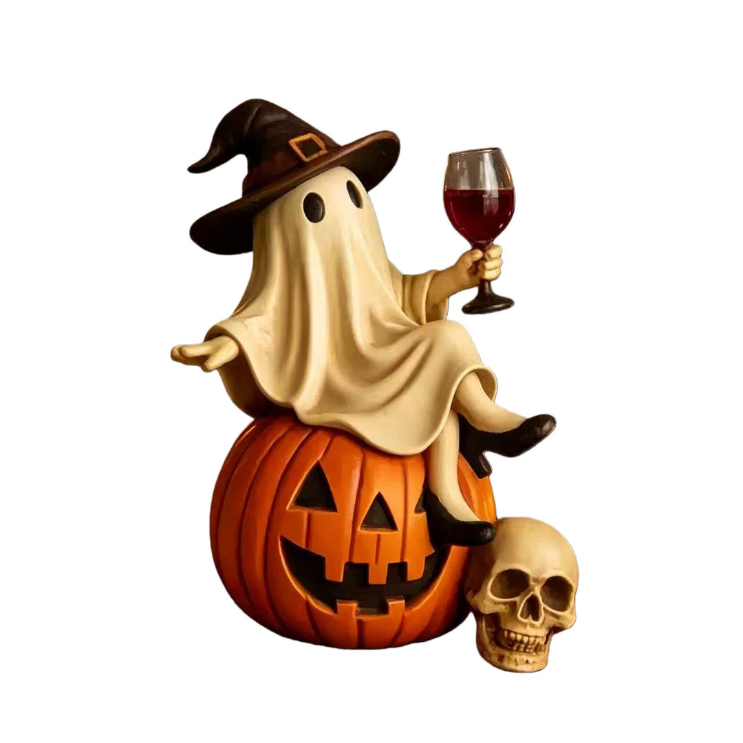 Whimsical Ghost Figurine with Pumpkin Base Stornfield