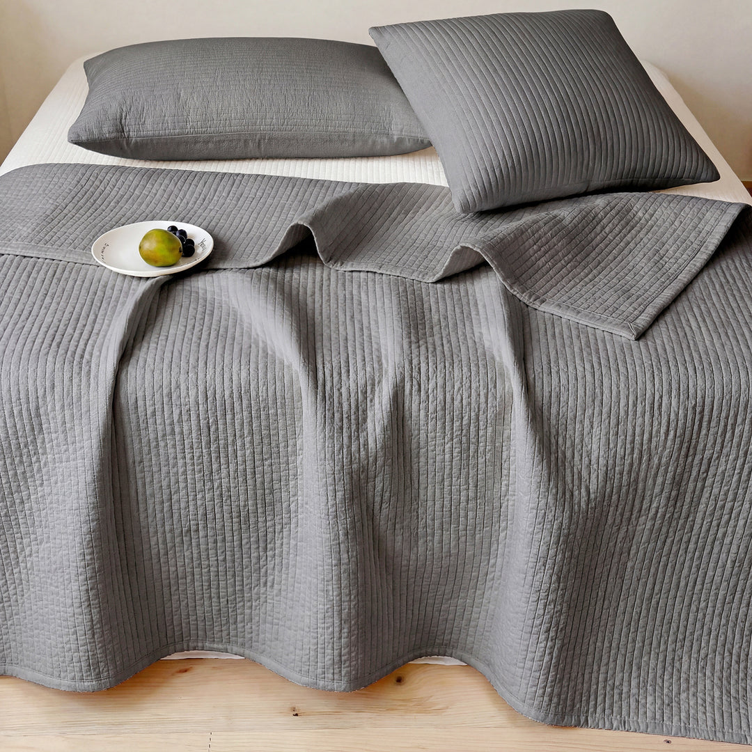 Quilted cotton bedspread set with fine linear stitching