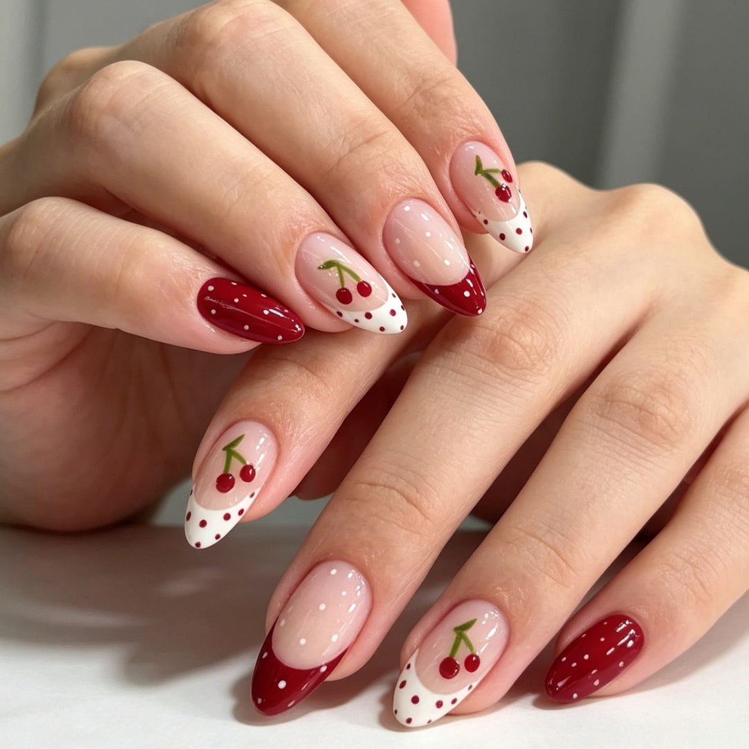 Cherry-Themed Acrylic Nail Art Enhancements Stornfield