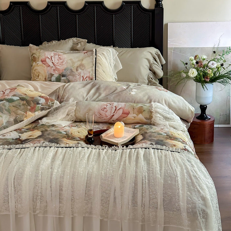 Romantic floral cotton satin bedding set with lace ruffle and decorative bed cover