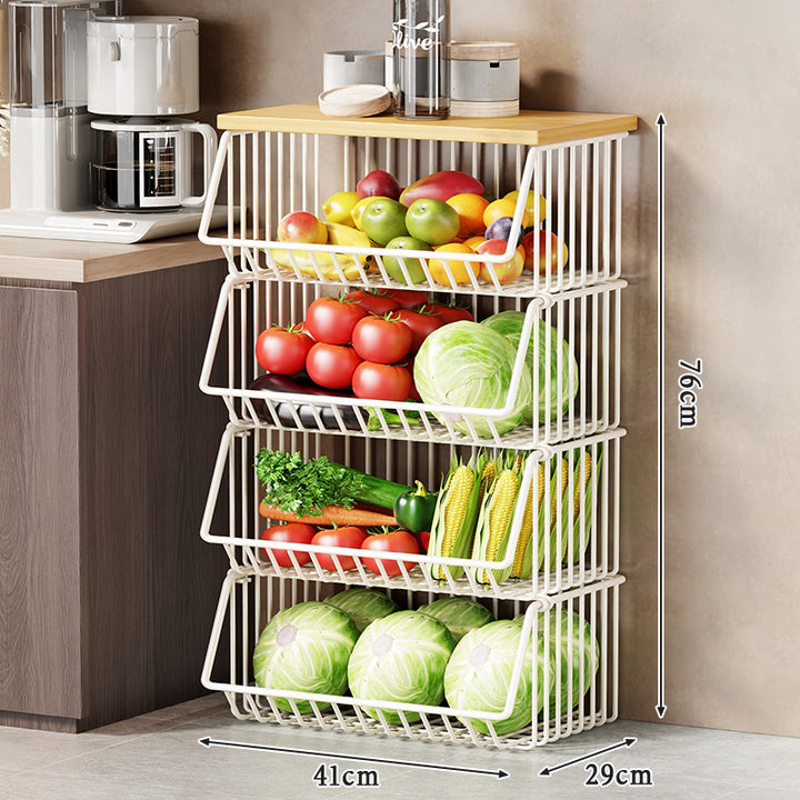 Slim Vertical Multi-Tier Fruit and Vegetable Storage Cart with Wood Top and Locking Casters