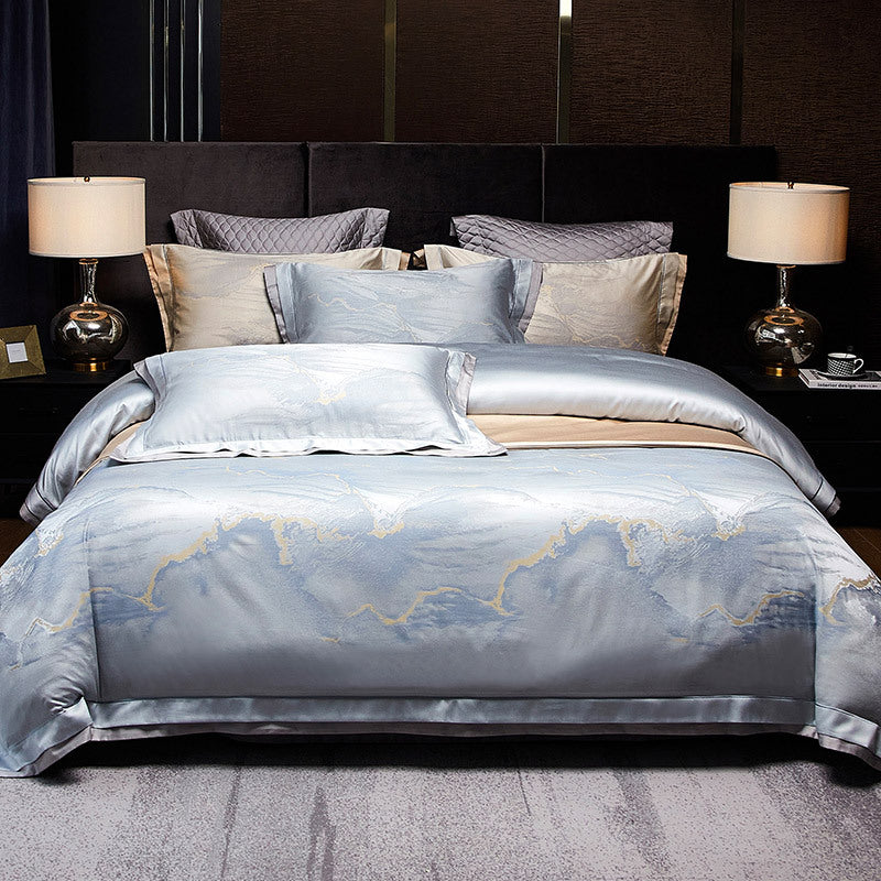 Luxury Floral Jacquard Satin Duvet Cover Set with Reversible Silky Finish and Decorative Border