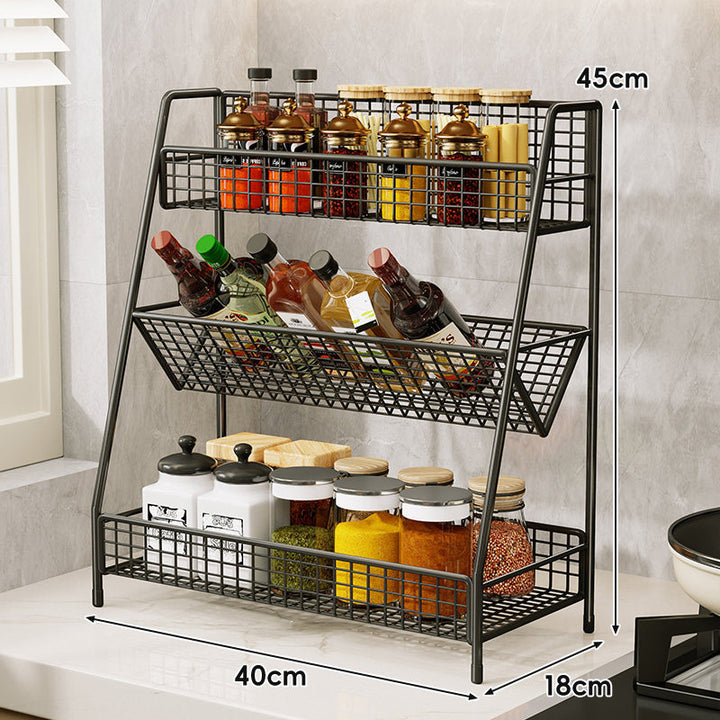 Three-Tier Mesh Countertop Kitchen Organizer Rack for Bottles and Spices