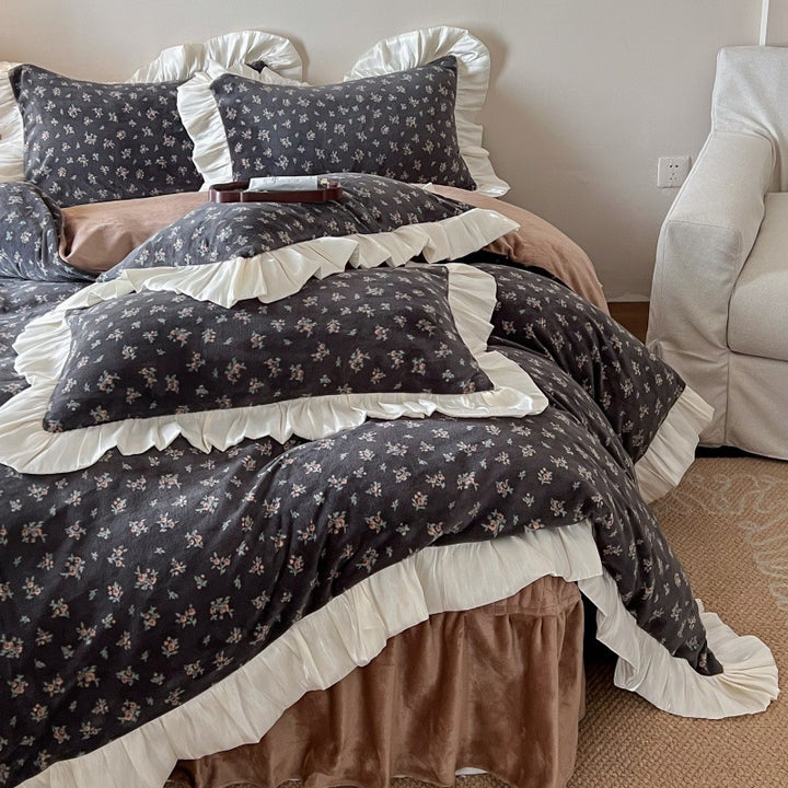 Floral Brushed Cotton Duvet Cover Set with Ruffled Satin Trim