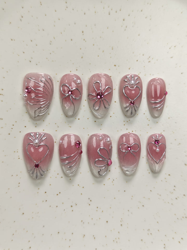 Decorative Press-On Nails Set with Floral and Gem Accents