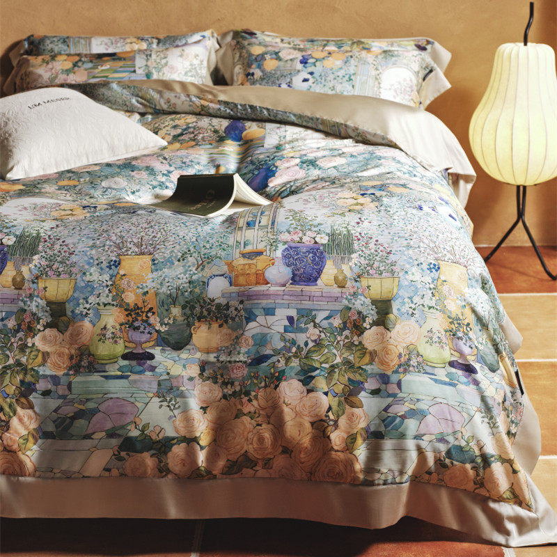 Botanical Lemon Cotton-Sateen Duvet Cover Set with Scalloped Hem