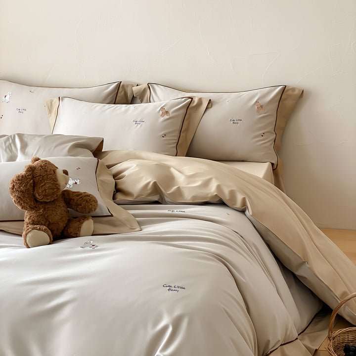 Embroidered Animal Cotton Sateen Duvet Cover Set
