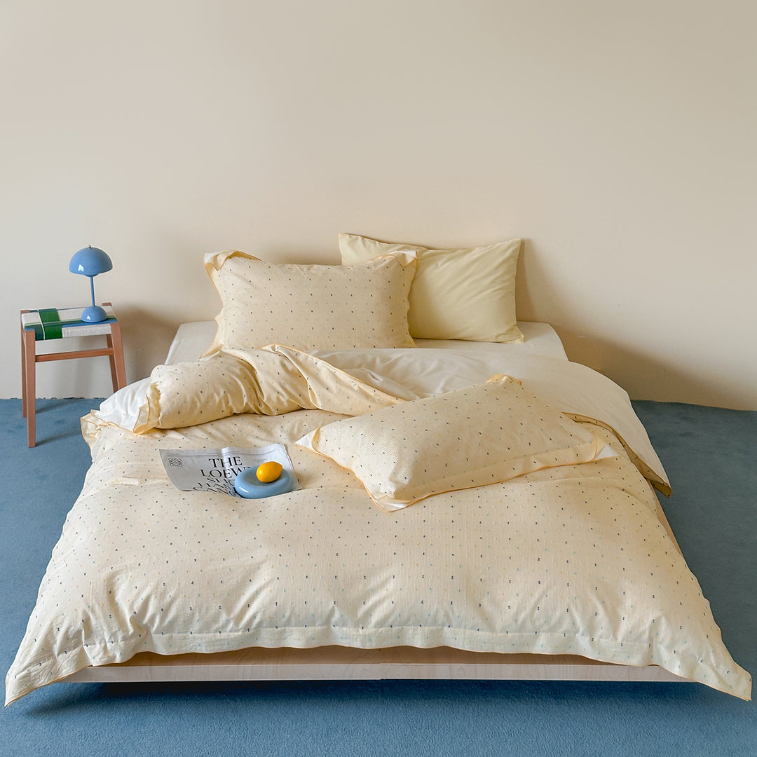 Cotton Sateen Duvet Cover Set with Micro Dot Print and Piped Shams