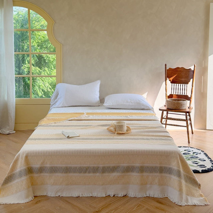 Oversized Woven Cotton Bedspread Throw with Fringe