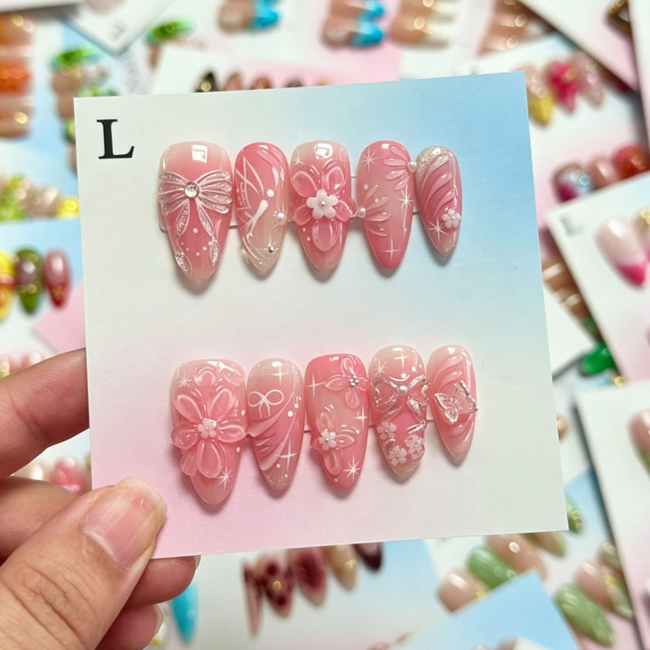Decorative Press-On Nail Set with Floral and Bow Accents