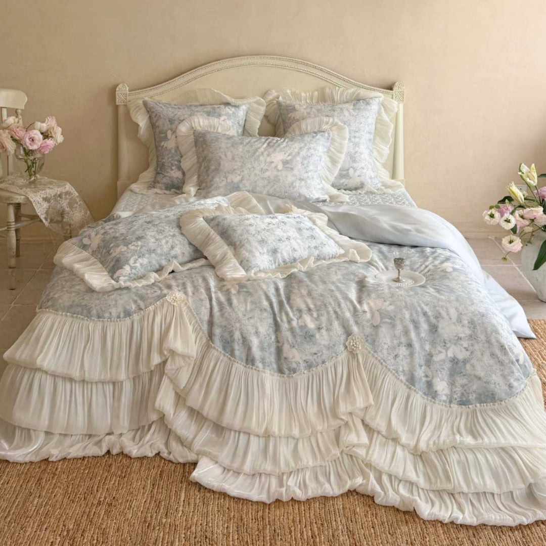 Ruffled Layered Bedspread Duvet Cover Set with Pleated Bedskirt