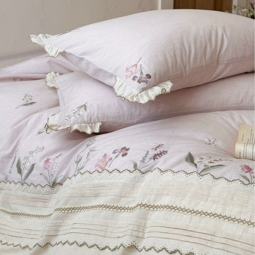 Embroidered Floral Linen-Cotton Duvet Cover Set with Ruffled Pillow Shams