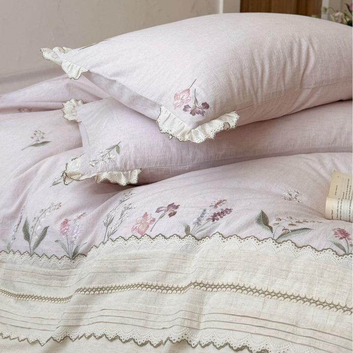 Embroidered Floral Linen-Cotton Duvet Cover Set with Ruffled Pillow Shams