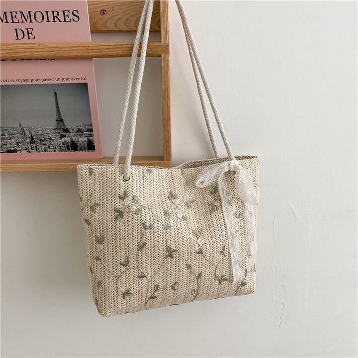 Woven Straw Beach Tote Bag with Decorative Ribbon