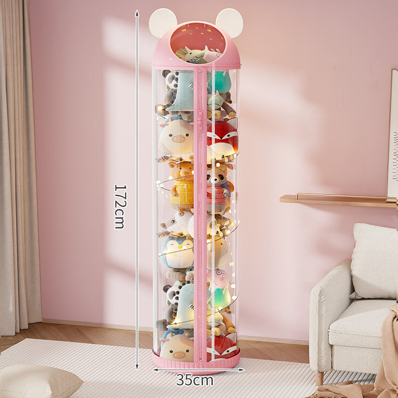 Vertical Clear Cylinder Plush Toy Storage Tower with Divided Shelves and Caster Base