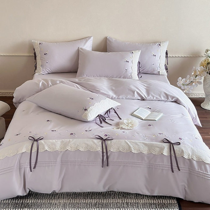Embroidered Lace-Trim Ribbon Bow Duvet Cover Set with Pillow Shams