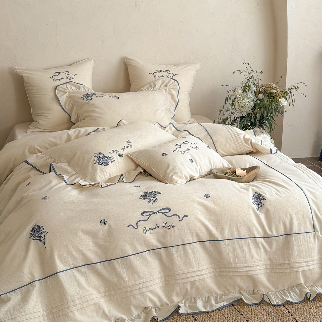 Floral-Embroidered Ruffled Cotton Percale Duvet Cover Set with Frilled Edge & Euro Pillow Shams