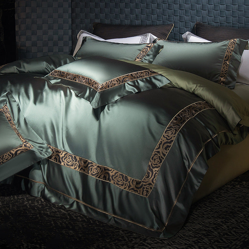 Luxury Satin Duvet Cover Set with Floral Jacquard Border