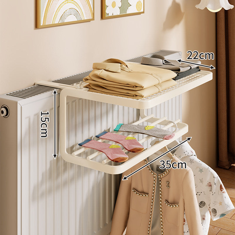 Radiator-Mounted Heated Drying Shelf with Foldable Hanging Bars