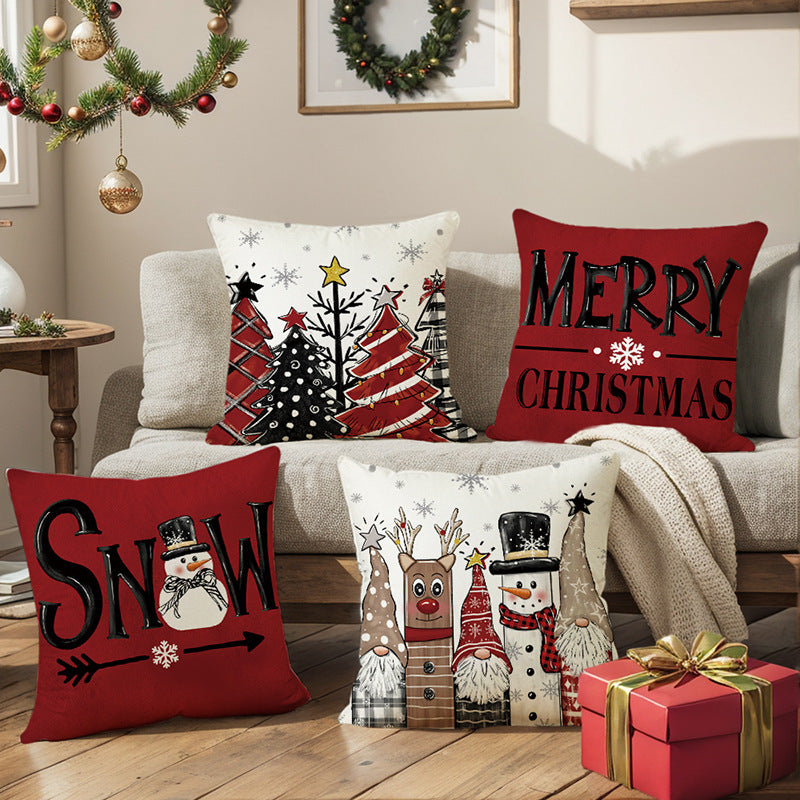 Decorative Holiday Linen-Texture Cushion Cover with Gnome Reindeer Snowman Illustration