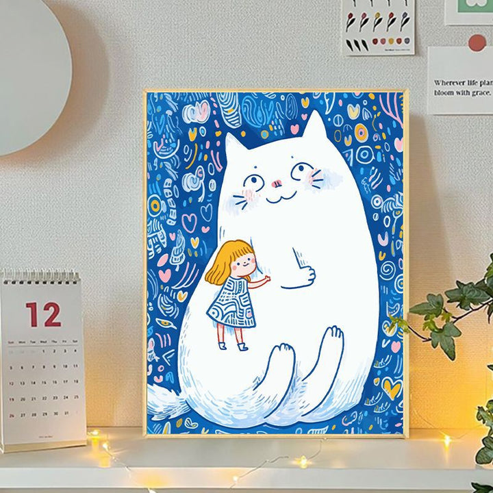 Playful Cat and Girl Illustration Canvas Art Stornfield