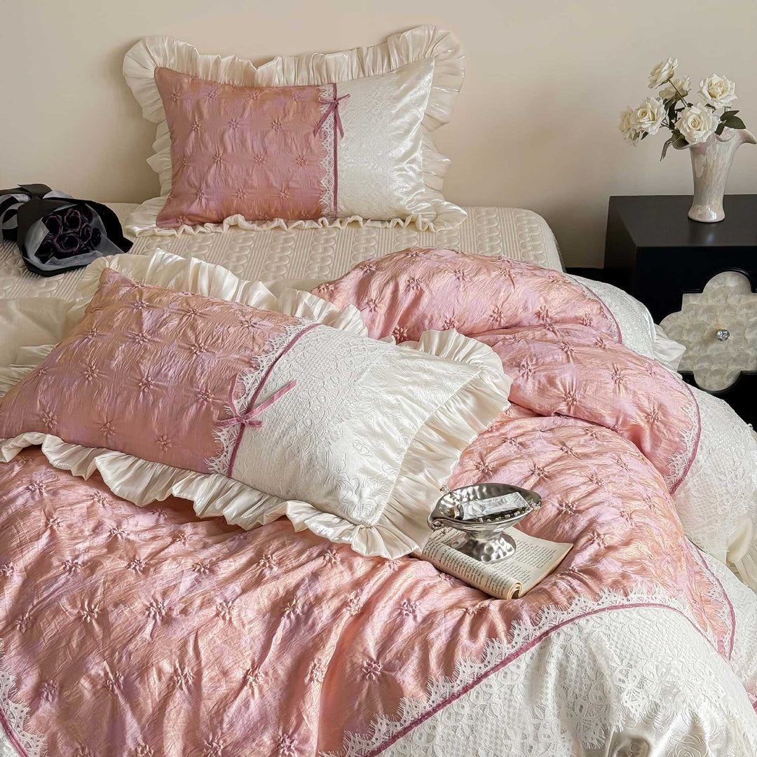 Jacquard bedding set with olive patterned quilted look, satin ruffle and lace panel