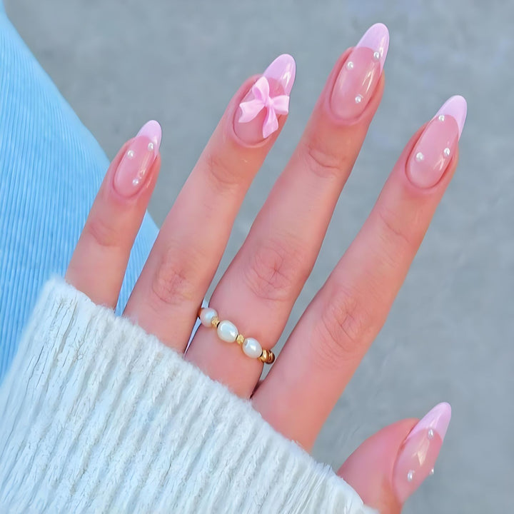 Acrylic Nail Set with Elegant Bows and Glamorous Accent Stornfield