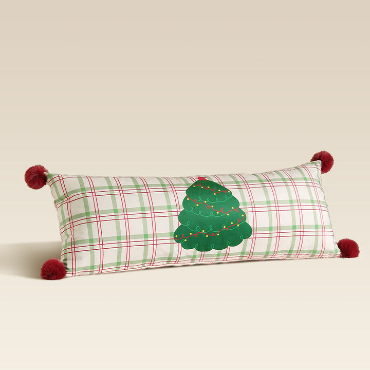 Long neck and decorative cushion with check pattern, dog Christmas tree application and pompom