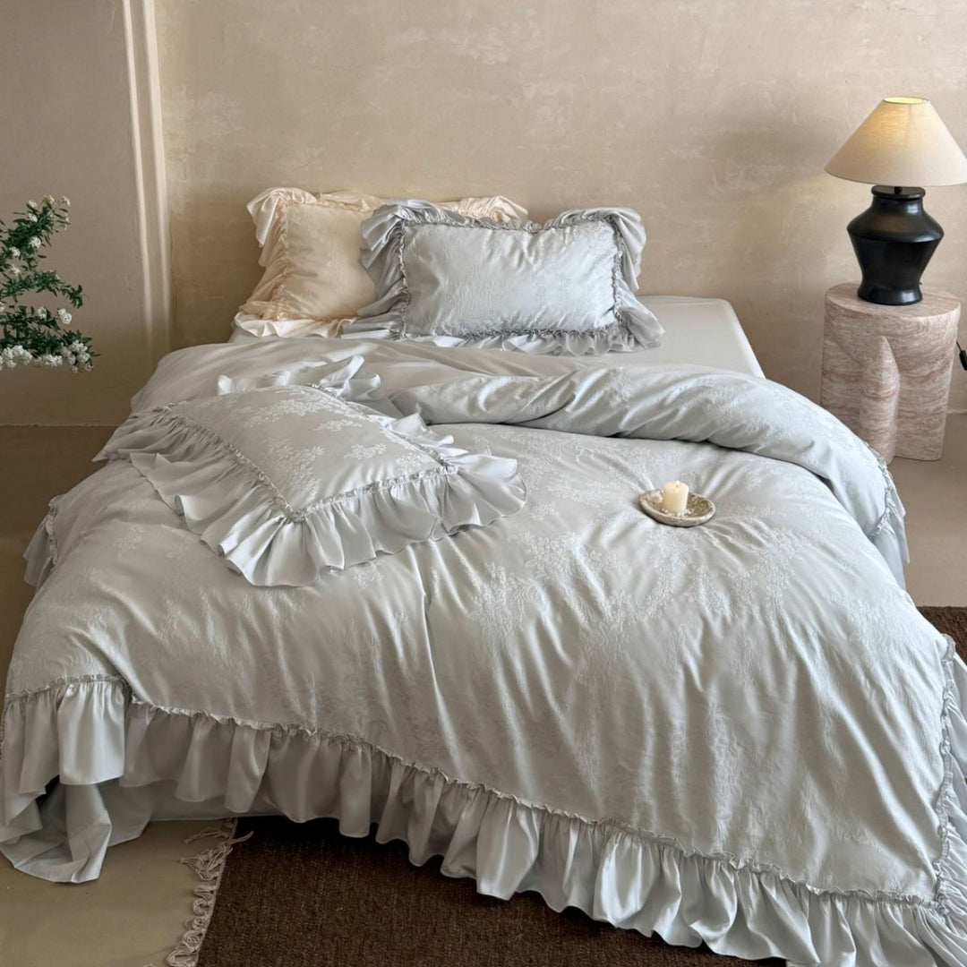 Ruffled Jacquard Floral Duvet Cover and Pillowcase Set