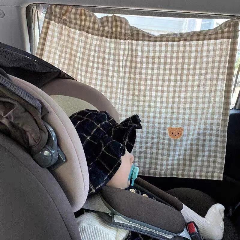 Car Window Privacy Curtain Sunshade with Suction Cups and Gingham Cotton Panel