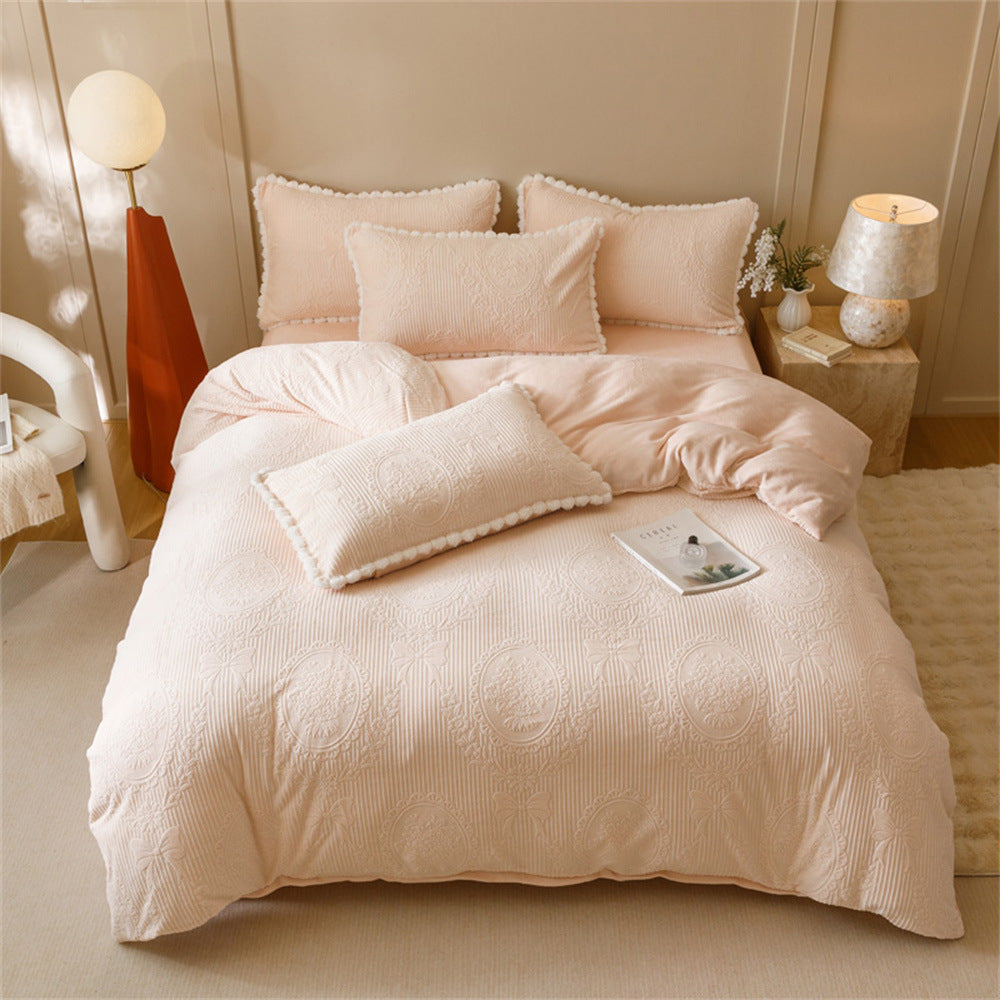 Quilted Medallion Embossed Duvet Cover Set with Pom-Pom Trim and Pillow Shams