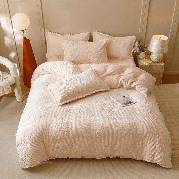 Quilted Medallion Embossed Duvet Cover Set with Pom-Pom Trim and Pillow Shams
