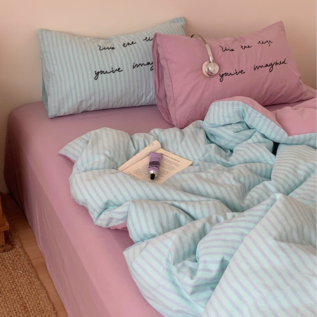 Reversible Cotton Duvet Cover Set with Script-Embroidered Pillowcases and Deep-Pocket Fitted Sheet