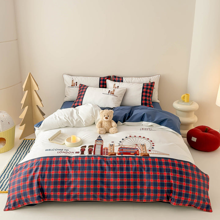 London Landmark Printed Cotton Duvet Cover Set with Plaid Border and Pillow Shams