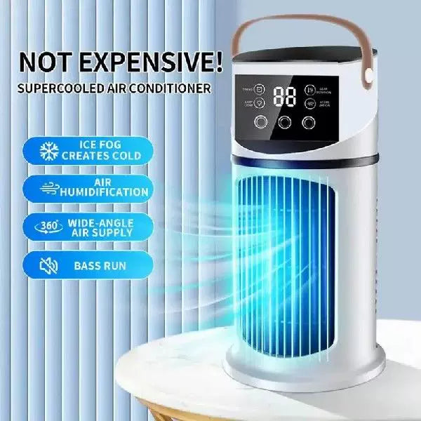 Unisex one size rechargeable tower climate fan with touch LED control integrated humidifying reservoir and leather carrying handle Stornfield