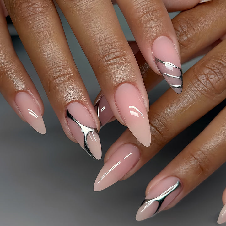 Elegant Stiletto Press-On Nail Set with Artistic Metal Accents Stornfield