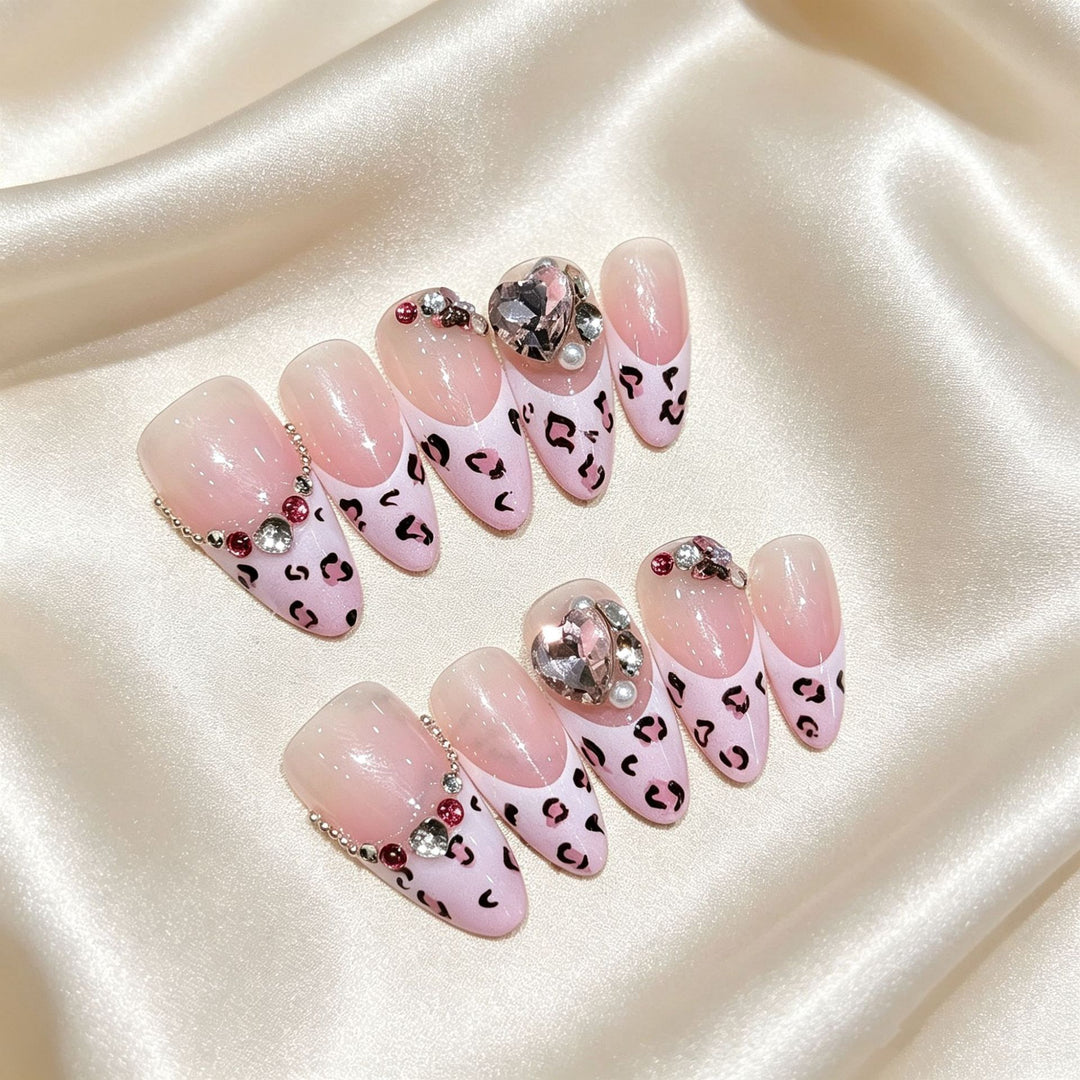 Elegant Pointed Press-On Nail Art Set with Gemstone and Animal Print Accents