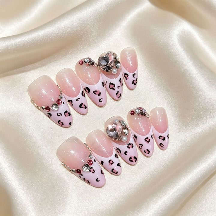 Elegant Pointed Press-On Nail Art Set with Gemstone and Animal Print Accents
