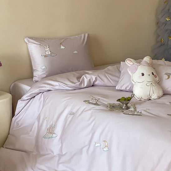 Premium Embroidered Cotton Duvet Cover Set with Plush Bunny Motif