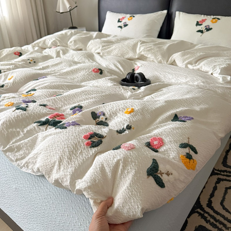 Textured Embroidered Floral Duvet Cover Set with Tufted Appliqué