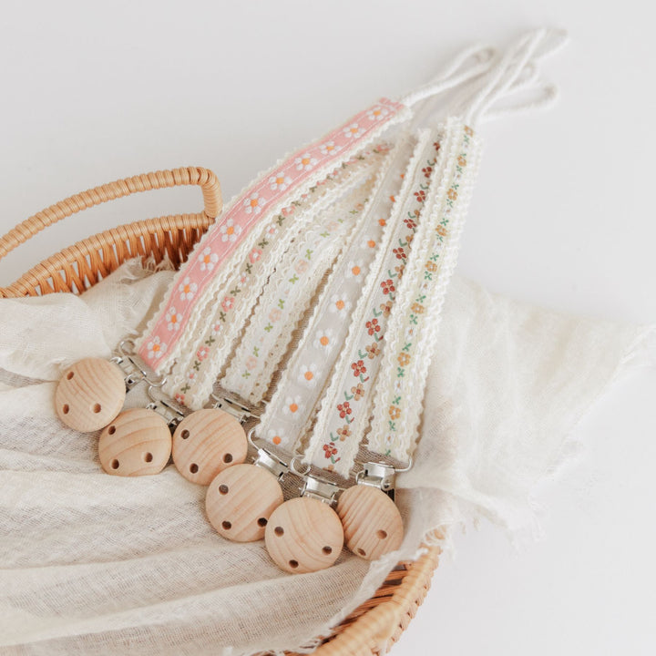 Natural Wooden Bead Pacifier Clip with Embroidered Cotton Lace Strap