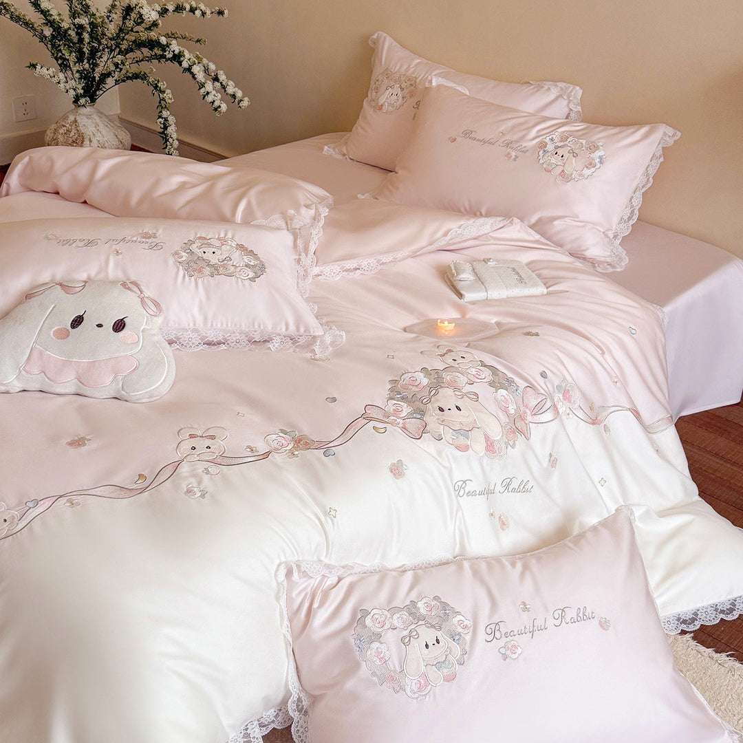 Children's Embroidered Bunny Cotton Duvet Cover Set with Lace-Trim Pillow Shams & Plush Decorative Cushion