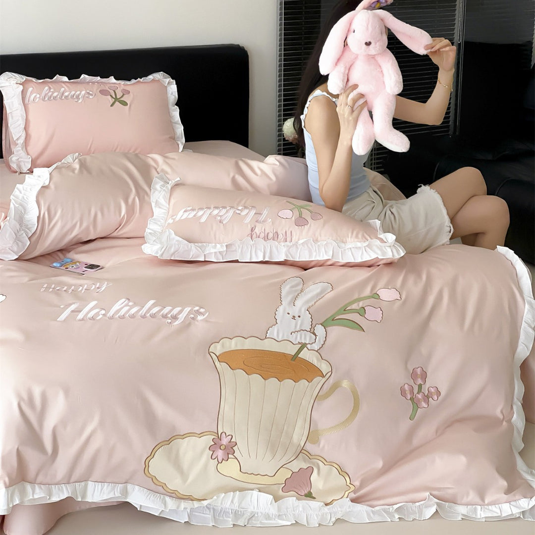 Ruffled Satin-Feel Duvet Cover Set with Embroidered Bunny and Teacup Motif