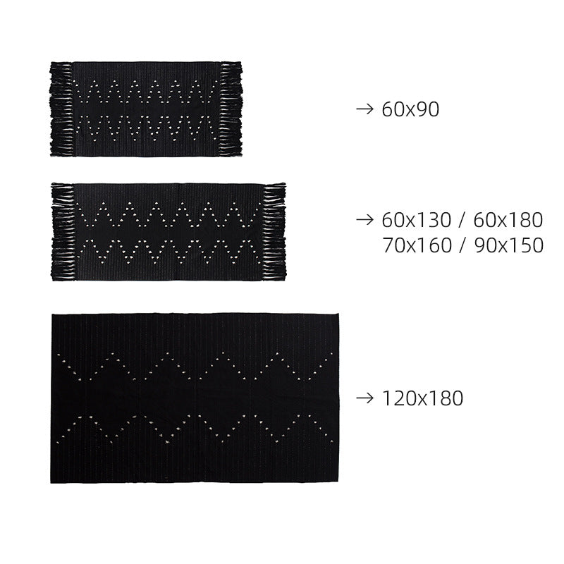 Handwoven cotton rug with dot tuft zigzag and fringed edge